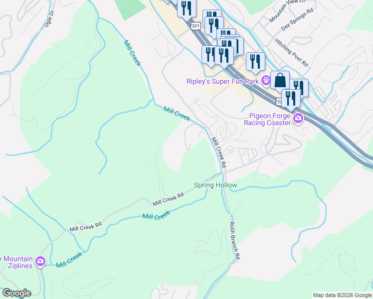 map of restaurants, bars, coffee shops, grocery stores, and more near 426 Mill Creek Road in Pigeon Forge