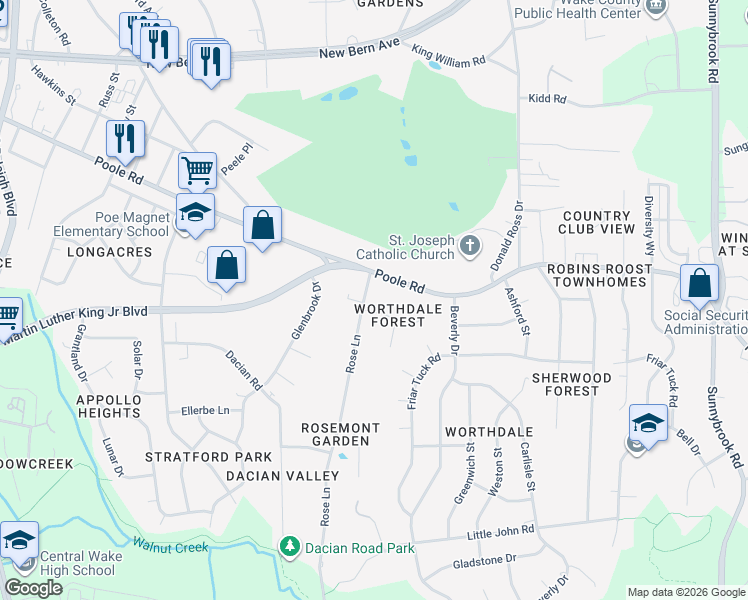 map of restaurants, bars, coffee shops, grocery stores, and more near 2632 Poole Road in Raleigh