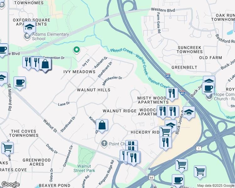 map of restaurants, bars, coffee shops, grocery stores, and more near 115 Escher Lane in Cary