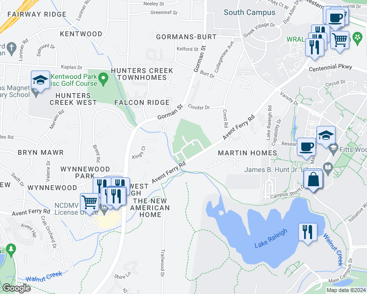 map of restaurants, bars, coffee shops, grocery stores, and more near 2804 Brigadoon Drive in Raleigh