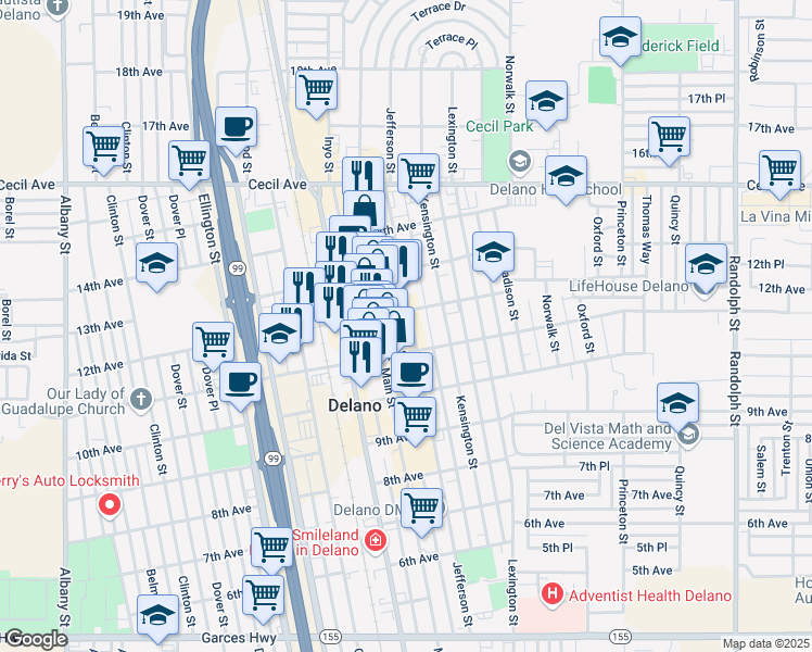 map of restaurants, bars, coffee shops, grocery stores, and more near 1119 Jefferson Street in Delano