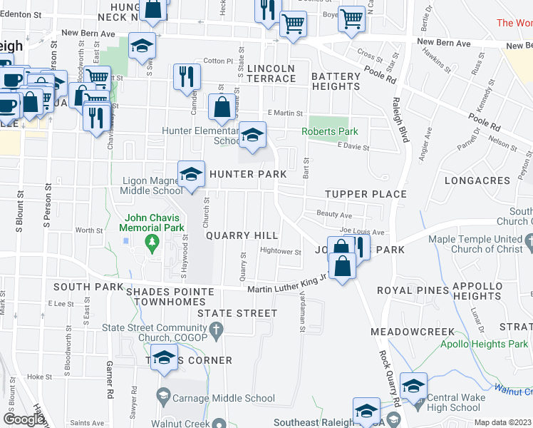 map of restaurants, bars, coffee shops, grocery stores, and more near 629 Coleman Street in Raleigh