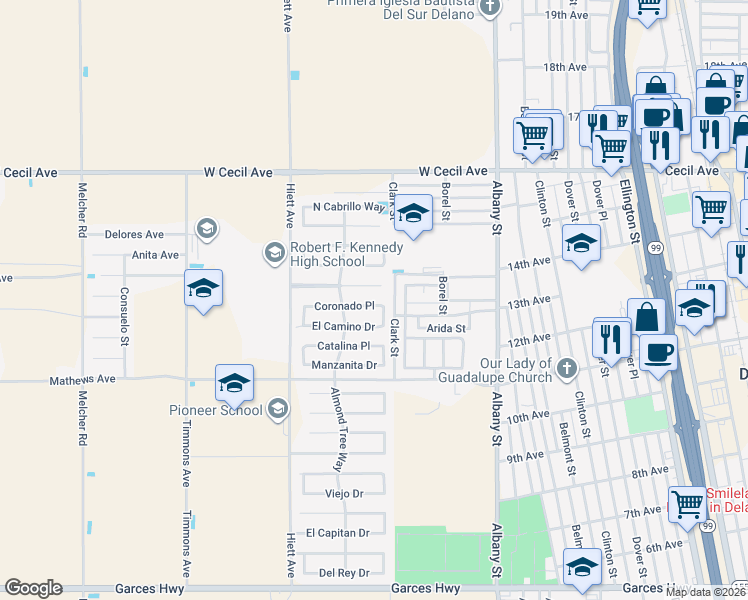 map of restaurants, bars, coffee shops, grocery stores, and more near 311 Franciscan Plaza in Delano