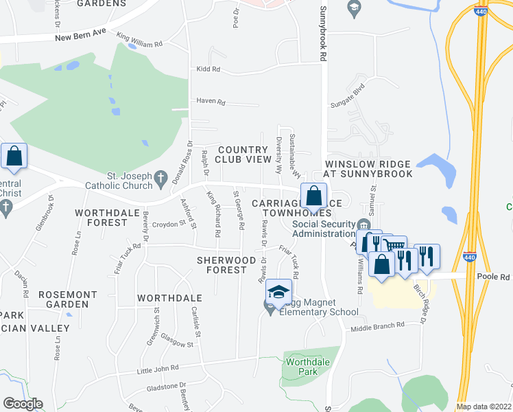 map of restaurants, bars, coffee shops, grocery stores, and more near 3014 Poole Road in Raleigh