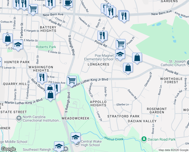 map of restaurants, bars, coffee shops, grocery stores, and more near 521 Lansing Street in Raleigh