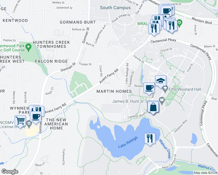 map of restaurants, bars, coffee shops, grocery stores, and more near 616 Chappell Drive in Raleigh