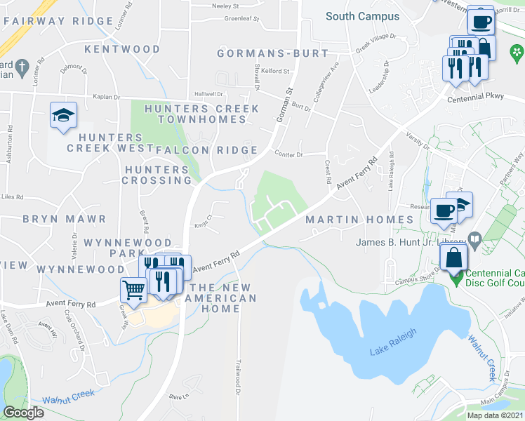 map of restaurants, bars, coffee shops, grocery stores, and more near 2804 Brigadoon Drive in Raleigh