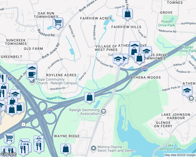 map of restaurants, bars, coffee shops, grocery stores, and more near 613 Charleston Road in Raleigh