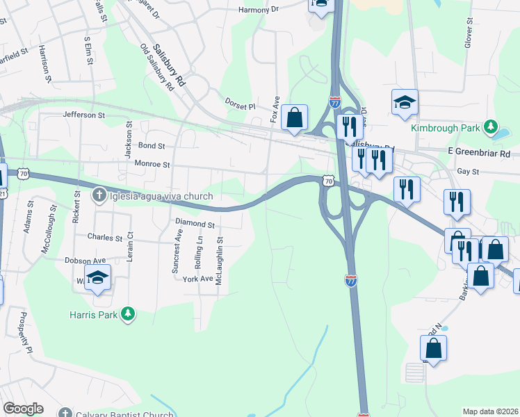 map of restaurants, bars, coffee shops, grocery stores, and more near 914 Wall Street in Statesville