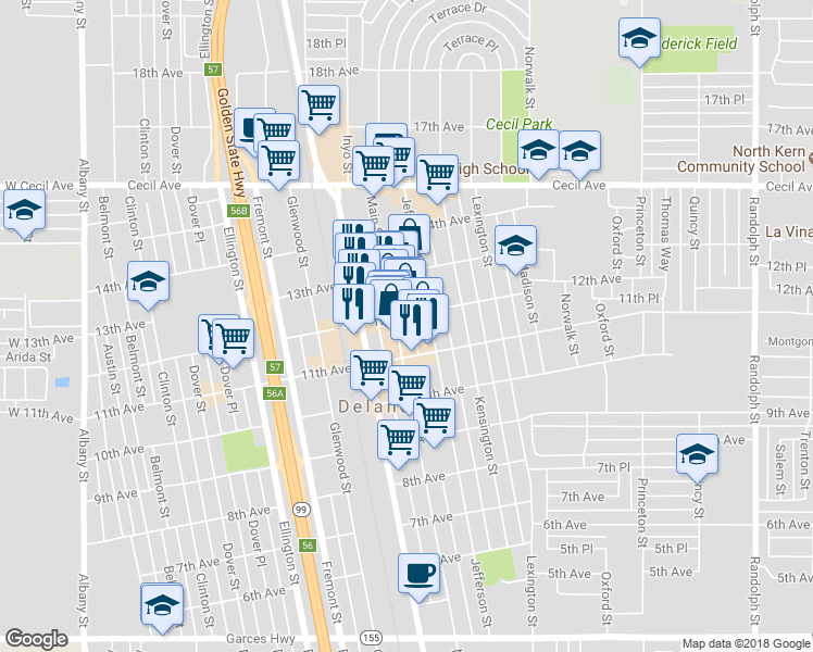 map of restaurants, bars, coffee shops, grocery stores, and more near 1128 Main Street in Delano