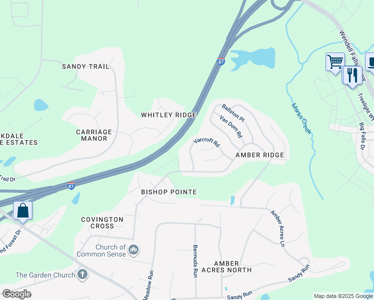 map of restaurants, bars, coffee shops, grocery stores, and more near 3029 Varcroft Road in Knightdale