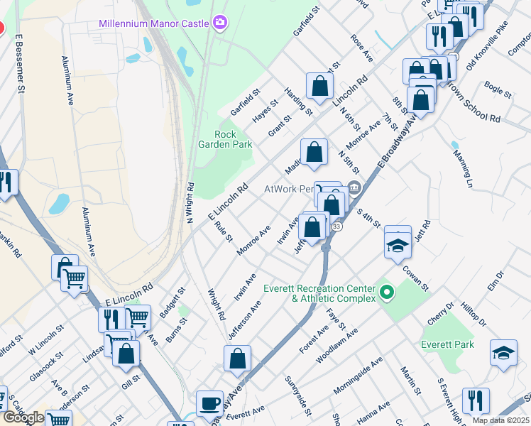 map of restaurants, bars, coffee shops, grocery stores, and more near 412 North Everett High Road in Maryville