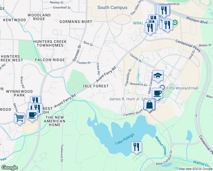 map of restaurants, bars, coffee shops, grocery stores, and more near 616 Chappell Drive in Raleigh