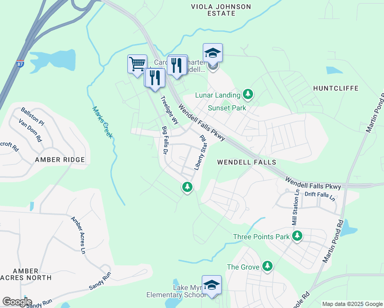 map of restaurants, bars, coffee shops, grocery stores, and more near 409 Slick Rock Road in Wendell