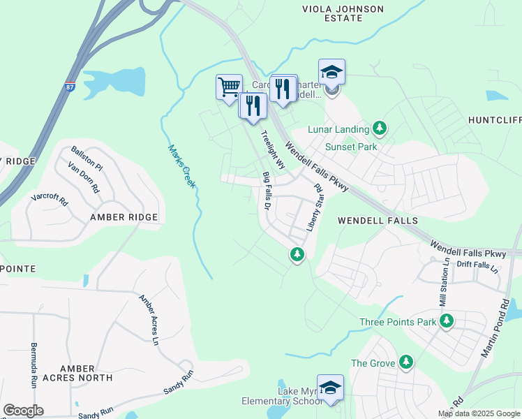 map of restaurants, bars, coffee shops, grocery stores, and more near 2025 Big Falls Drive in Wendell