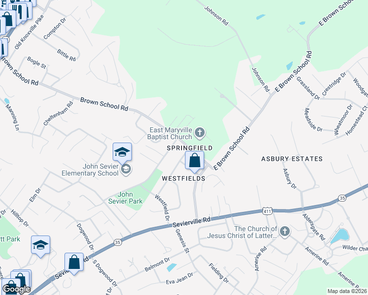 map of restaurants, bars, coffee shops, grocery stores, and more near 1102 Brown School Road in Maryville