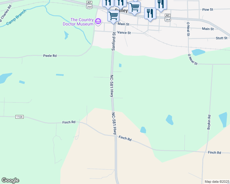 map of restaurants, bars, coffee shops, grocery stores, and more near 13045 North Carolina 581 in Bailey