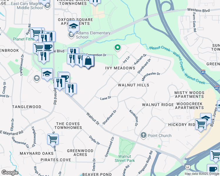map of restaurants, bars, coffee shops, grocery stores, and more near 1122 Askham Drive in Cary