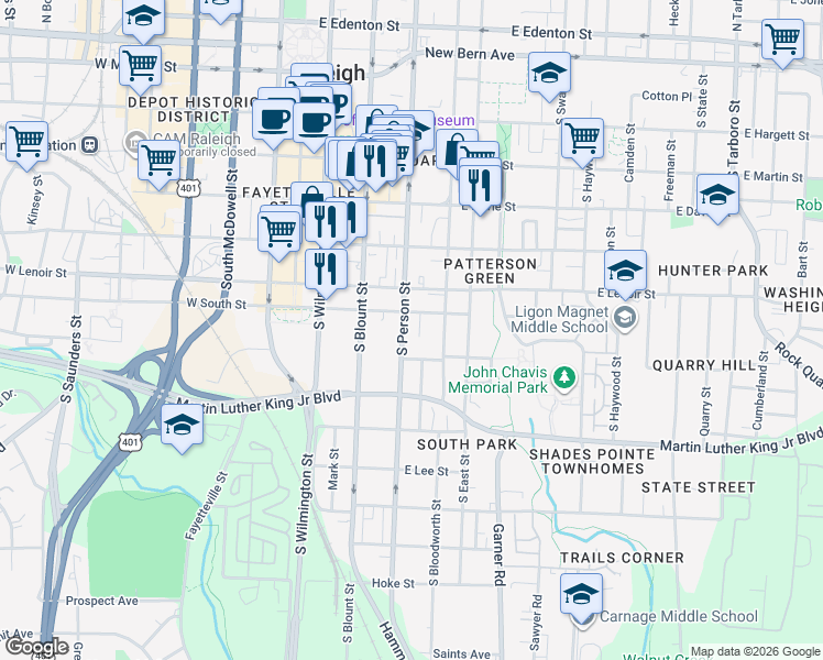 map of restaurants, bars, coffee shops, grocery stores, and more near in Raleigh