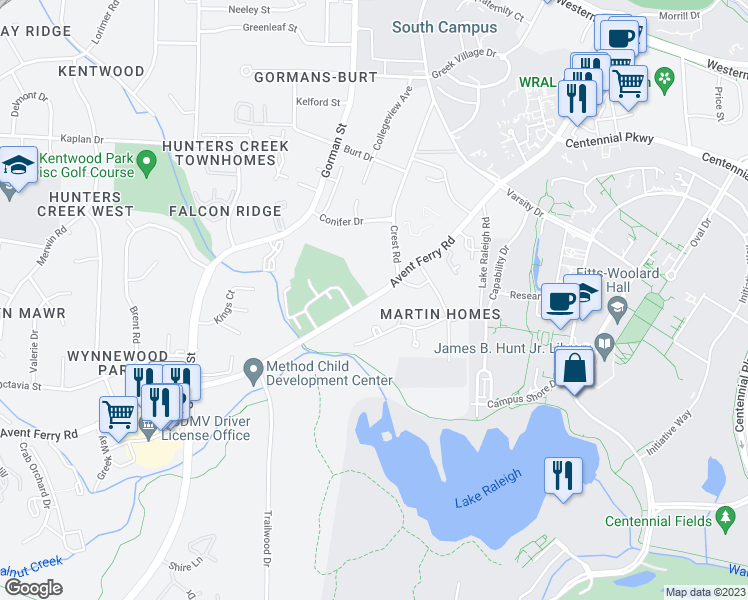 map of restaurants, bars, coffee shops, grocery stores, and more near 2717 Avent Ferry Road in Raleigh