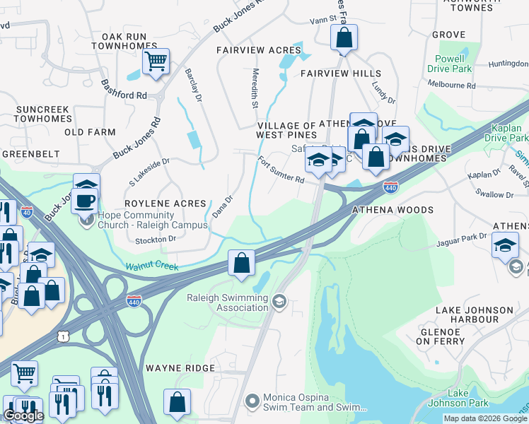 map of restaurants, bars, coffee shops, grocery stores, and more near 613 Charleston Road in Raleigh