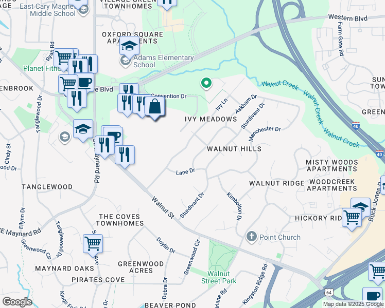 map of restaurants, bars, coffee shops, grocery stores, and more near 1122 Askham Drive in Cary