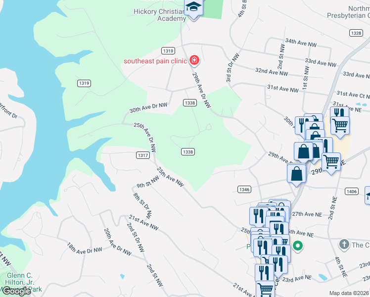 map of restaurants, bars, coffee shops, grocery stores, and more near 477 27th Avenue Circle Northwest in Hickory