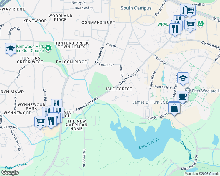 map of restaurants, bars, coffee shops, grocery stores, and more near 2700 Brigadoon Drive in Raleigh