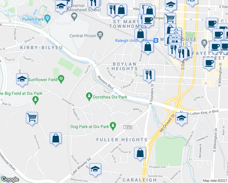 map of restaurants, bars, coffee shops, grocery stores, and more near 820 South Boylan Avenue in Raleigh