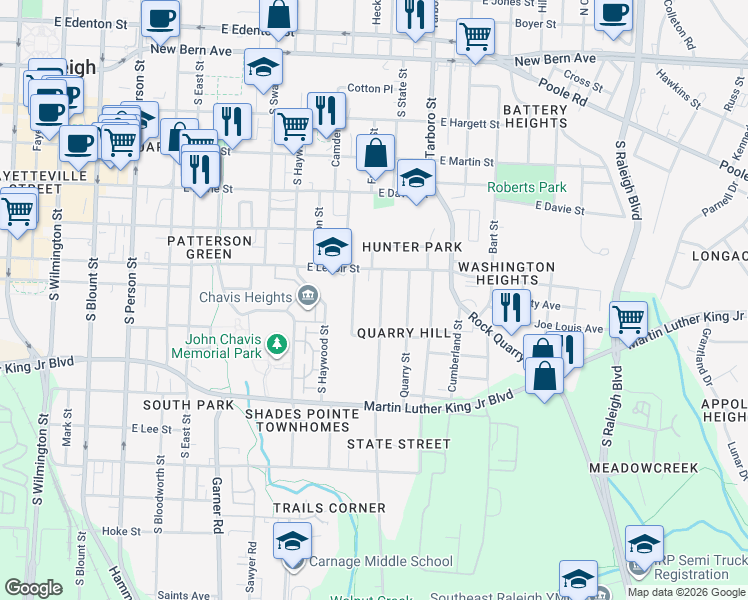 map of restaurants, bars, coffee shops, grocery stores, and more near 615 Church Street in Raleigh