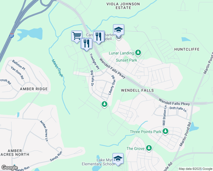 map of restaurants, bars, coffee shops, grocery stores, and more near 409 Slick Rock Road in Wendell
