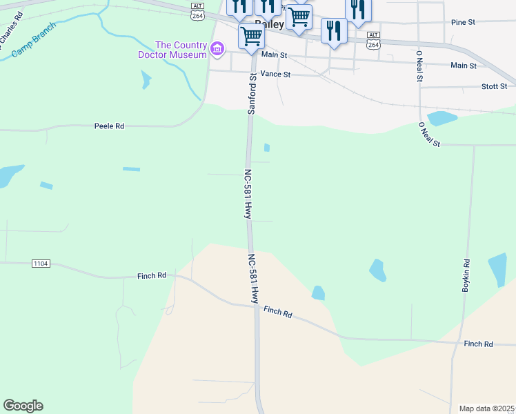 map of restaurants, bars, coffee shops, grocery stores, and more near 13045 North Carolina 581 in Bailey