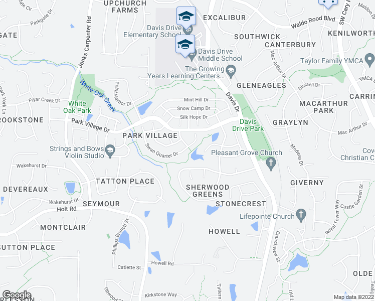 map of restaurants, bars, coffee shops, grocery stores, and more near 103 Swan Quarter Drive in Cary