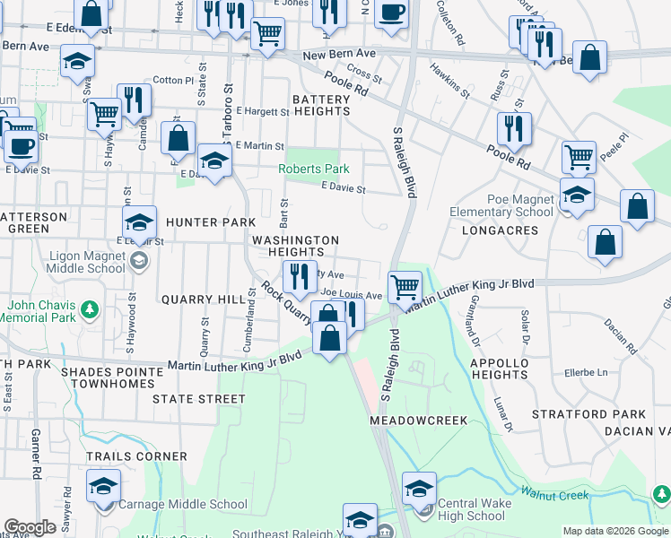 map of restaurants, bars, coffee shops, grocery stores, and more near 1517 East Lenoir Street in Raleigh