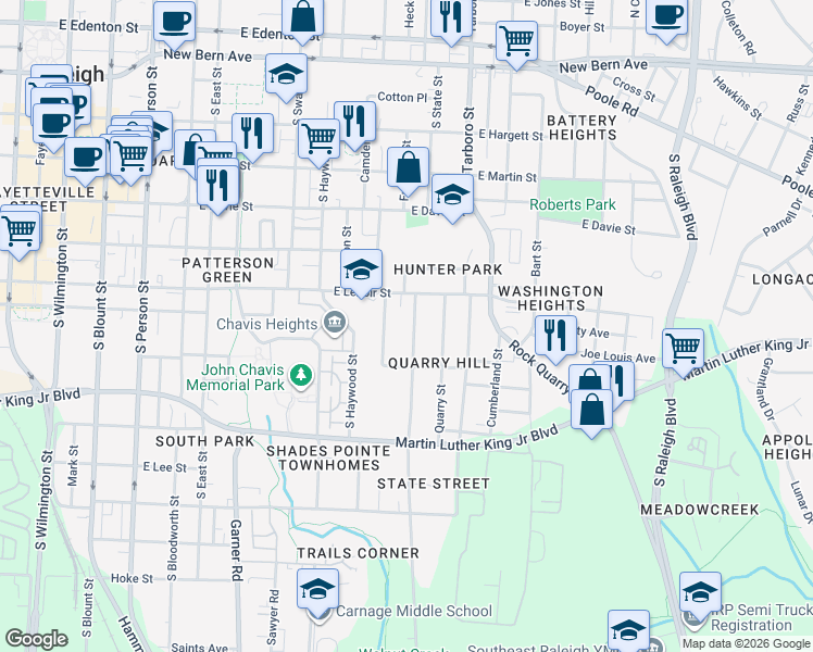 map of restaurants, bars, coffee shops, grocery stores, and more near 615 Church Street in Raleigh