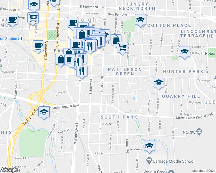 map of restaurants, bars, coffee shops, grocery stores, and more near in Raleigh