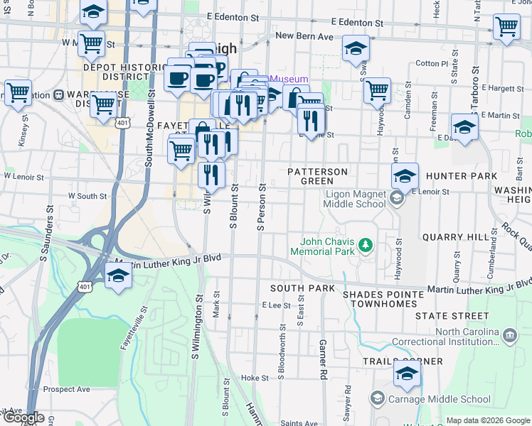 map of restaurants, bars, coffee shops, grocery stores, and more near in Raleigh