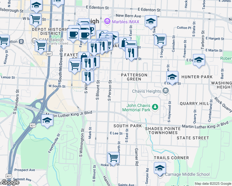 map of restaurants, bars, coffee shops, grocery stores, and more near 705 Ellington Street in Raleigh