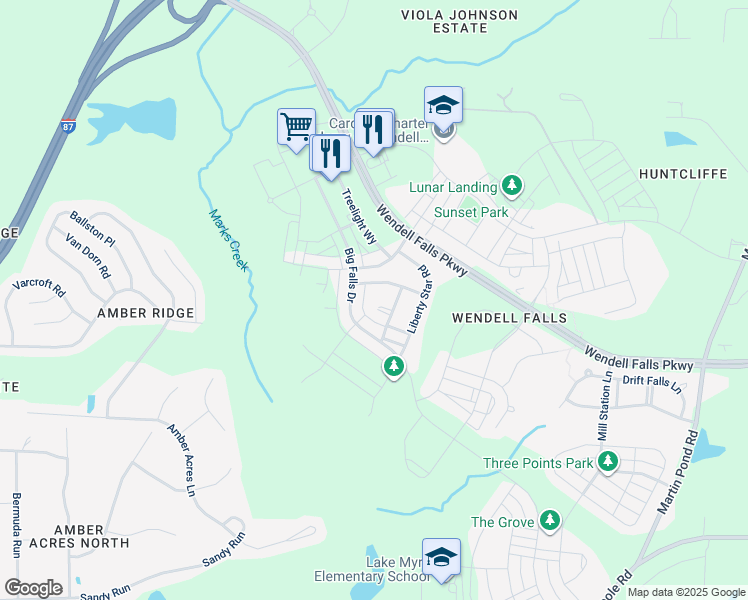 map of restaurants, bars, coffee shops, grocery stores, and more near 2016 Cotton Barn Court in Wendell