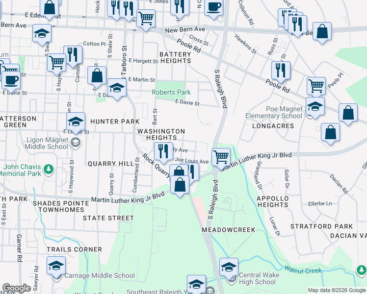map of restaurants, bars, coffee shops, grocery stores, and more near 1517 East Lenoir Street in Raleigh
