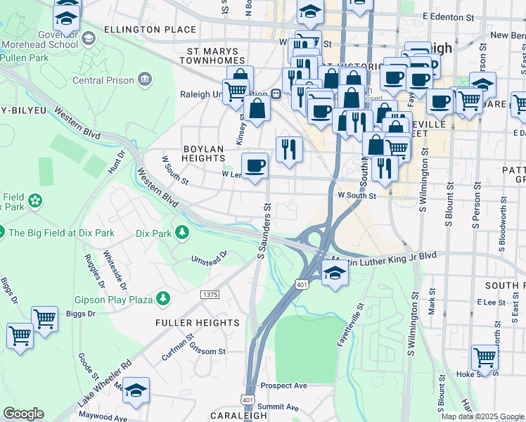 map of restaurants, bars, coffee shops, grocery stores, and more near South Saunders Street in Raleigh