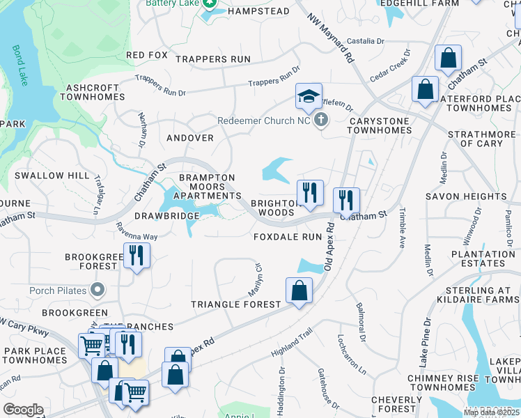 map of restaurants, bars, coffee shops, grocery stores, and more near 130 Solstice Circle in Cary