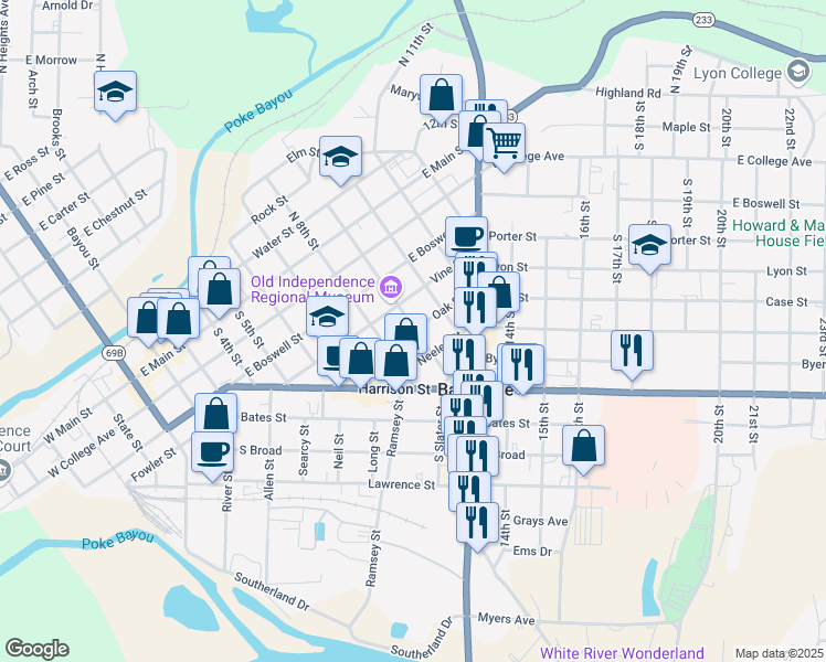 map of restaurants, bars, coffee shops, grocery stores, and more near 895 Oak Street in Batesville