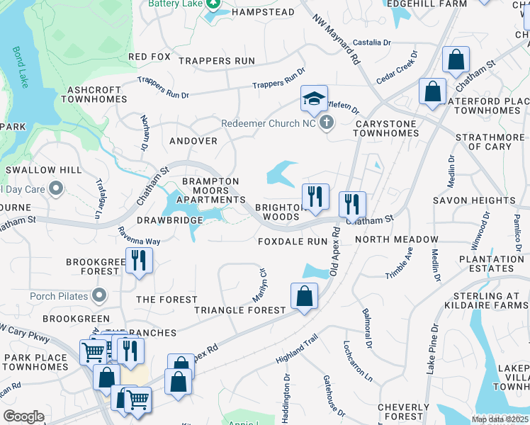 map of restaurants, bars, coffee shops, grocery stores, and more near 125 Solstice Circle in Cary