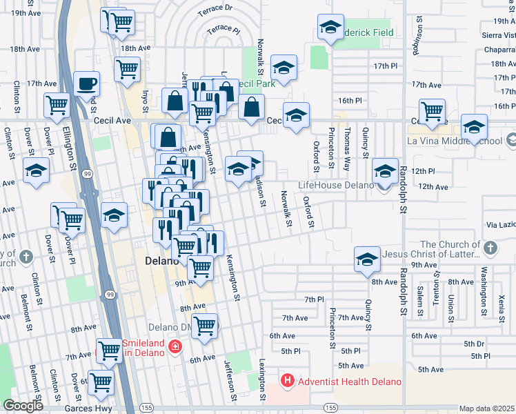 map of restaurants, bars, coffee shops, grocery stores, and more near 1119 Madison Street in Delano