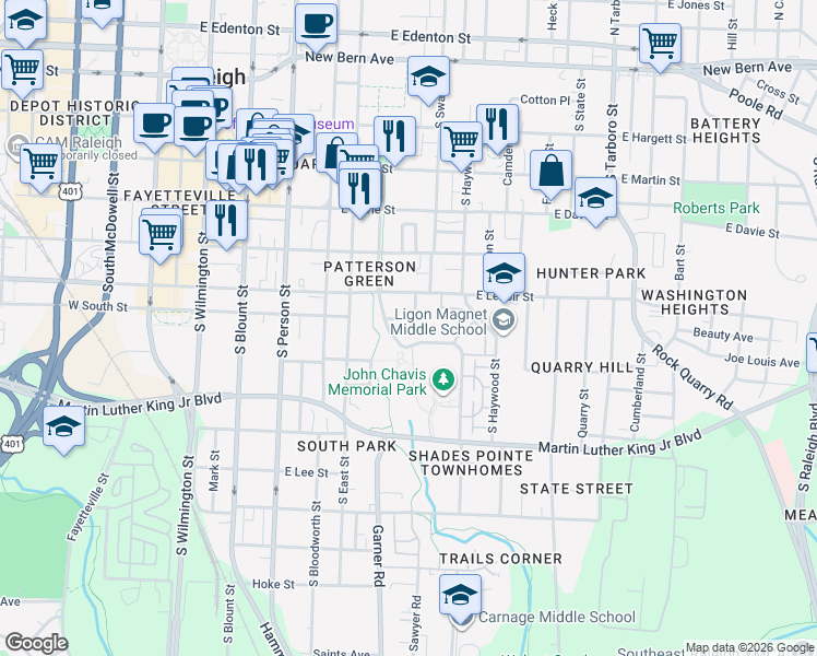map of restaurants, bars, coffee shops, grocery stores, and more near 614 Wynne Street in Raleigh