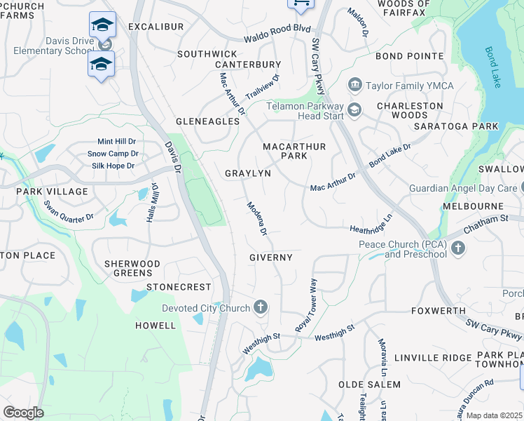 map of restaurants, bars, coffee shops, grocery stores, and more near 401 Modena Drive in Cary