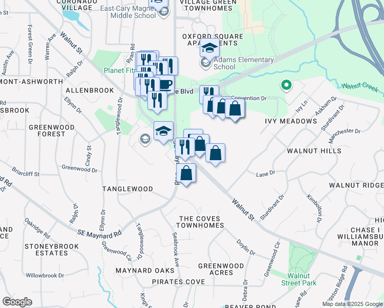 map of restaurants, bars, coffee shops, grocery stores, and more near 1127 Walnut Street in Cary