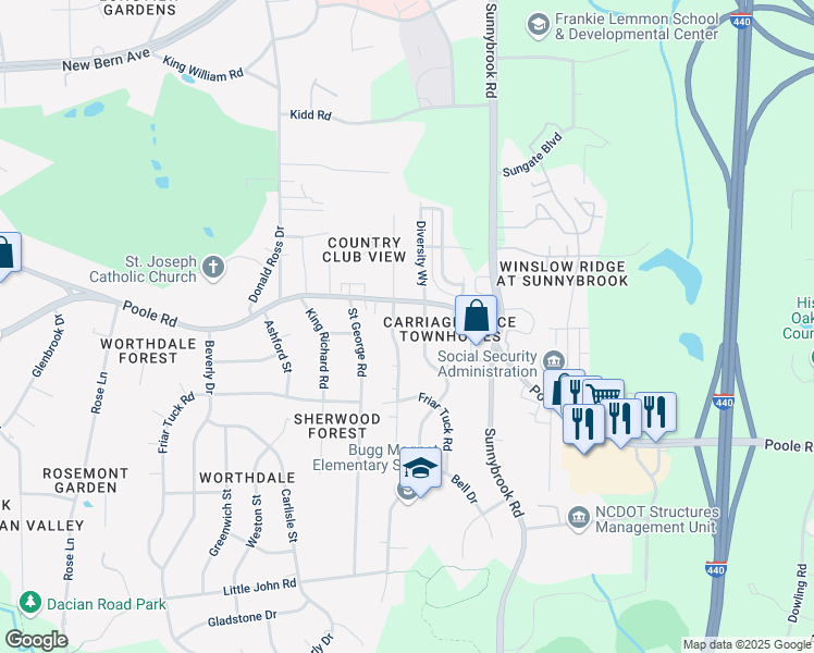 map of restaurants, bars, coffee shops, grocery stores, and more near 500 Cooper Road in Raleigh