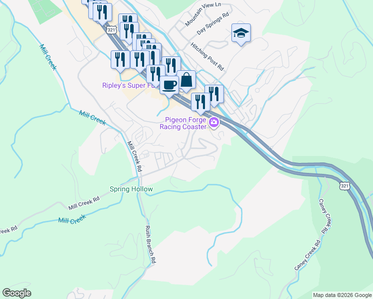 map of restaurants, bars, coffee shops, grocery stores, and more near 177 Conner Heights Road in Pigeon Forge